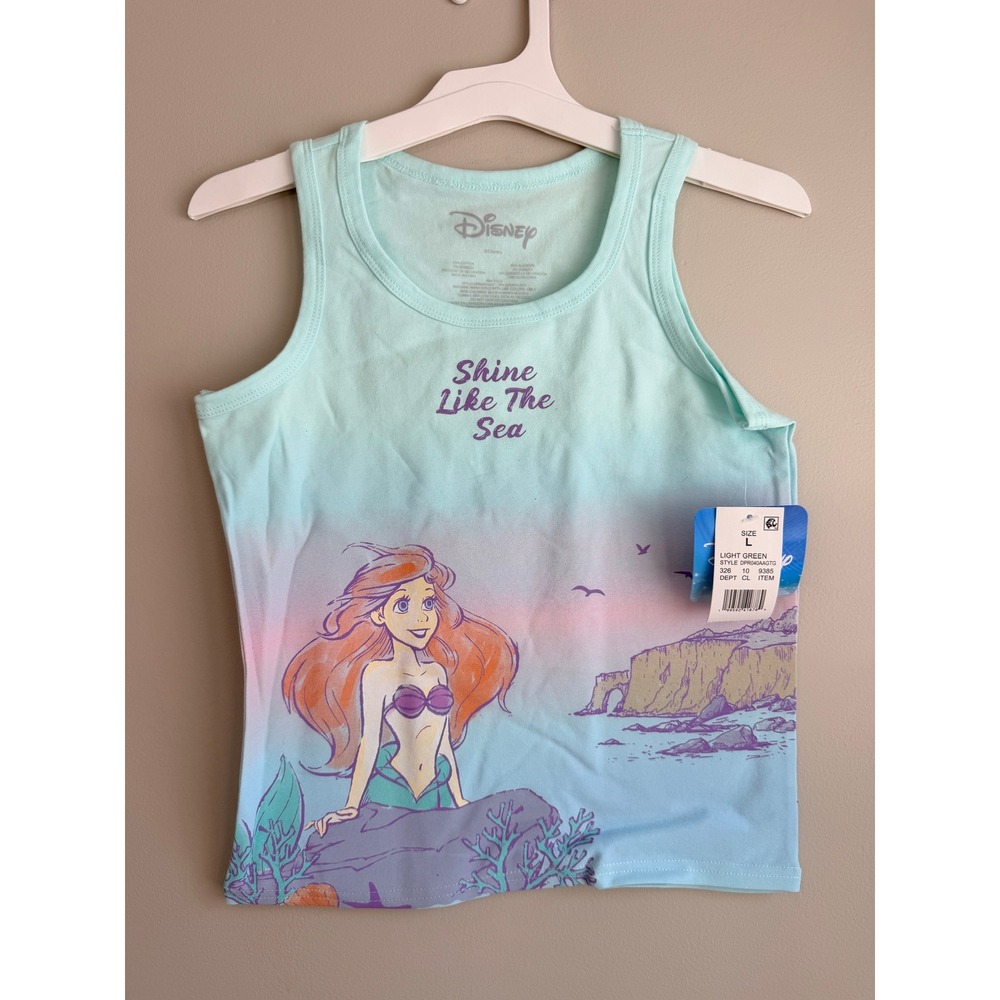Disney Little Mermaid Tank Top Girls L Light Green Ariel Flounder Ombre NWT
